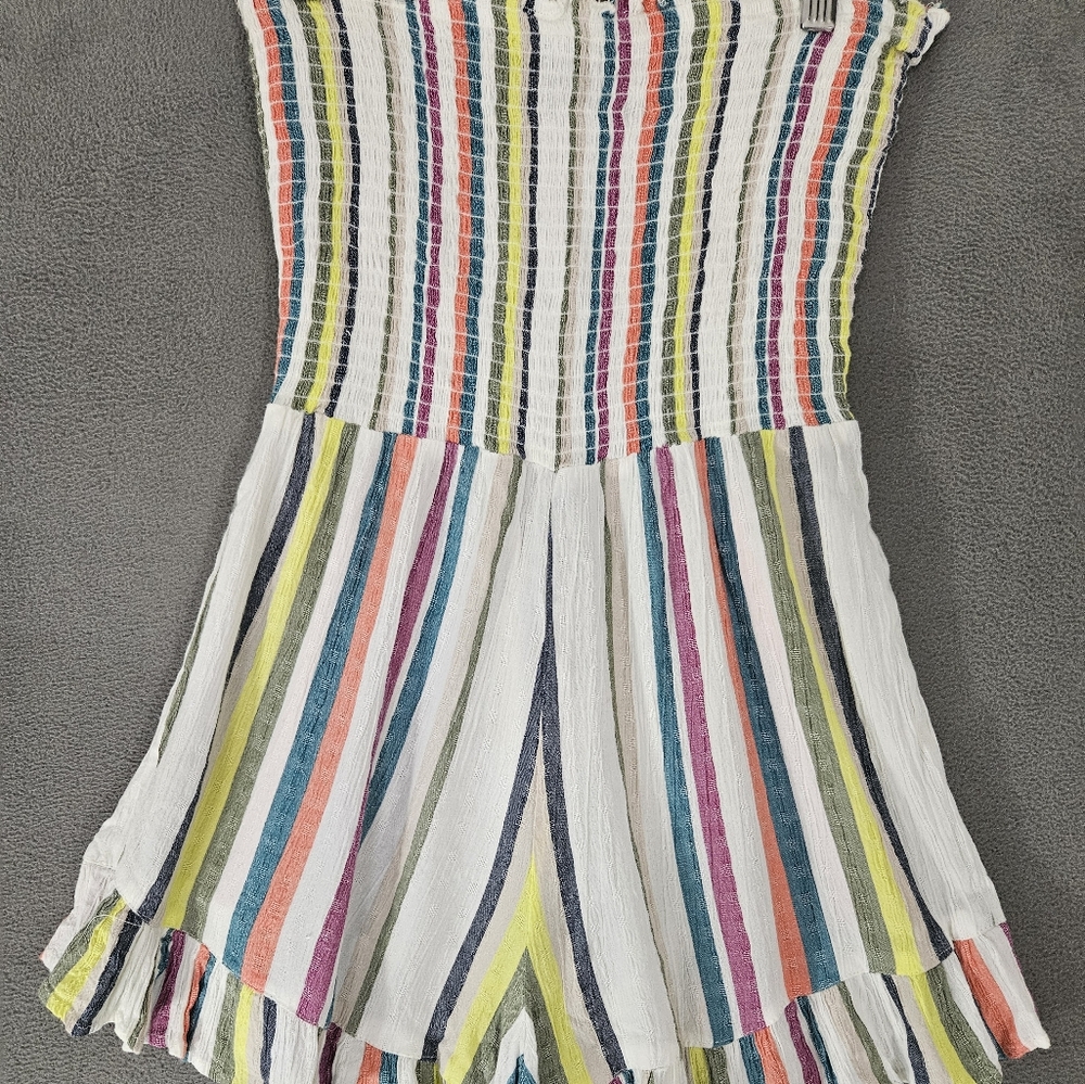 Vintage 90s Angie Womens Small Romper Shorts Haulter Rainbow Ruffles Y2K